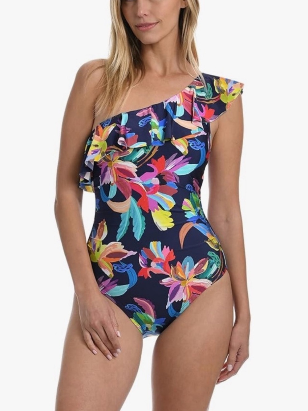 La Blanca Mio Navy One-Shoulder Ruffle Floral Swimsuit - Multicolor | 8